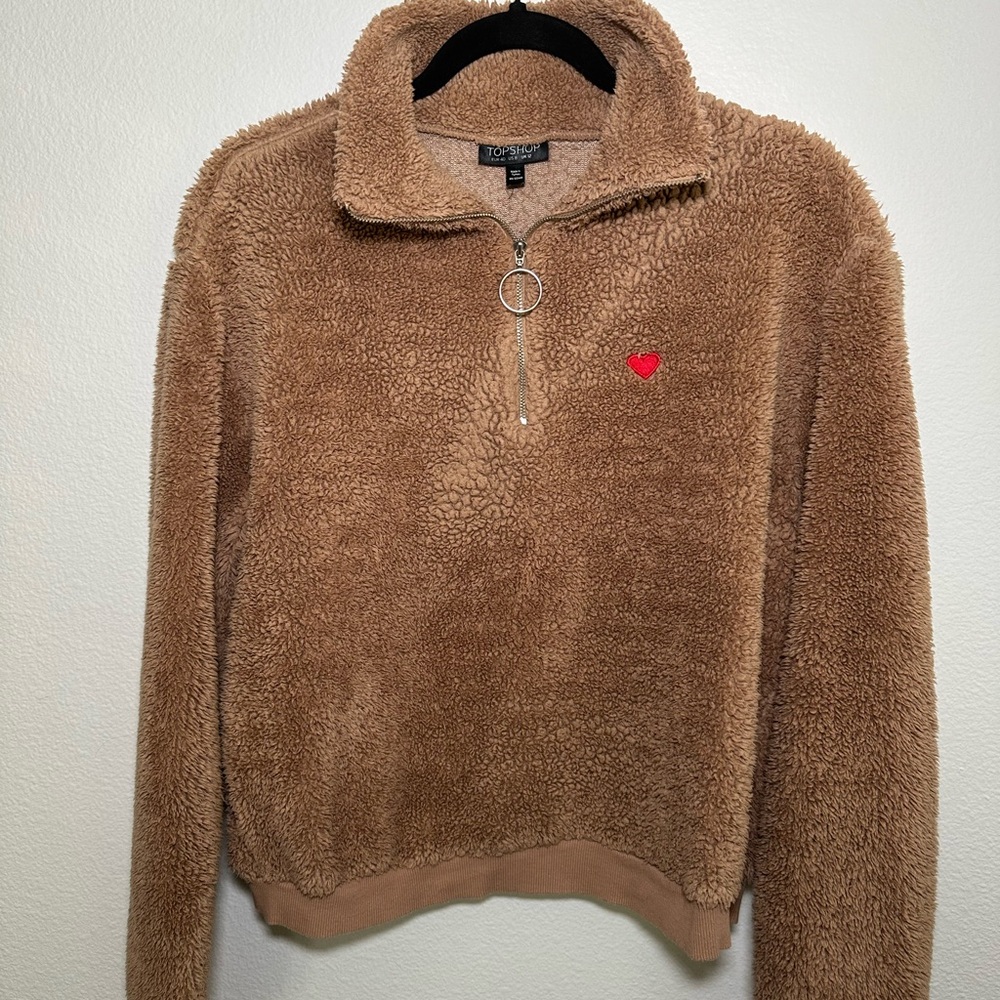 Topshop Borg Heart Quarter Zip Pullover